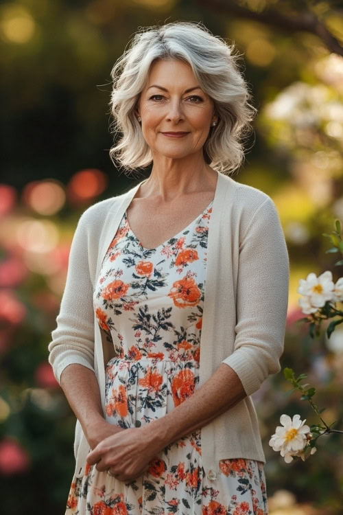 A full-body view of a woman over 50 wearing a floral-print A-line dress with a light cardigan, standing in a blooming garden (2)