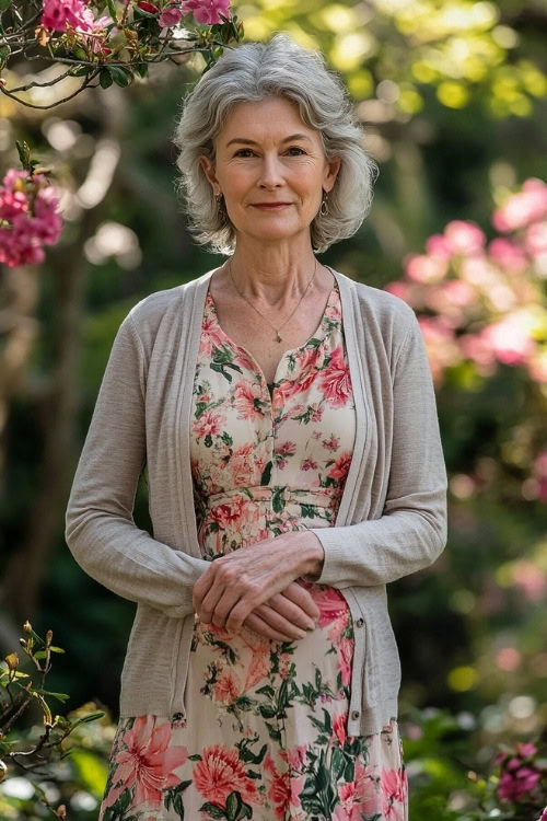 A full-body view of a woman over 50 wearing a floral-print A-line dress with a light cardigan, standing in a blooming garden