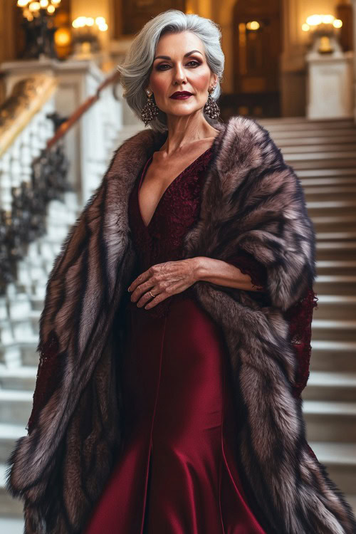 A full-body view of a woman over 50 wearing a maroon floor-length dress layered with a luxurious faux fur shawl, posing near a grand indoor staircase