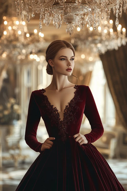 A full-body view of a woman wearing a deep burgundy velvet gown with long sleeves