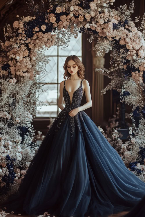 A full-body view of a woman wearing a navy floor-length gown with a beaded bodice