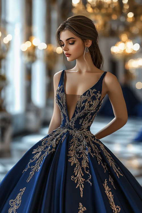 A full-body view of a woman wearing a navy satin gown with a cinched waist and delicate embroidery