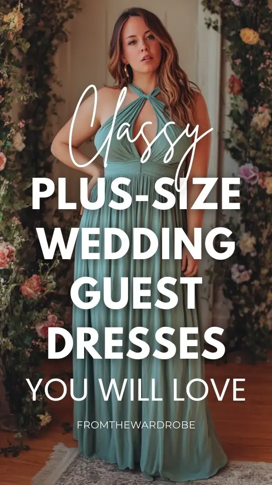 A gorgeous plus-size woman wearing a classy wedding guest dress with a front keyhole neckline and fitted waistband