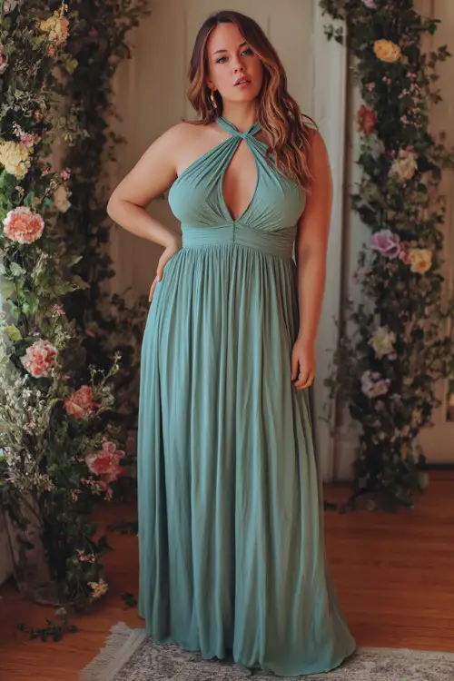 A gorgeous plus-size woman wearing a flowy sage green halter pleated gown with a front keyhole neckline and fitted waistband