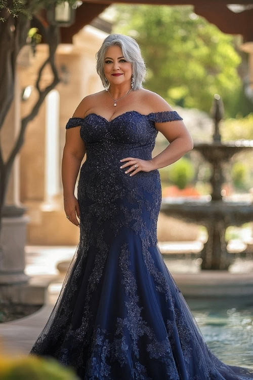 A graceful plus-size woman over 50 in a navy gown with an off-shoulder neckline, standing near a fountain in a romantic wedding setting