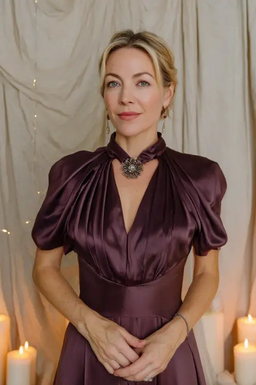 A graceful woman in her 50s wears a deep plum satin midi dress with structured pleats and a statement brooch