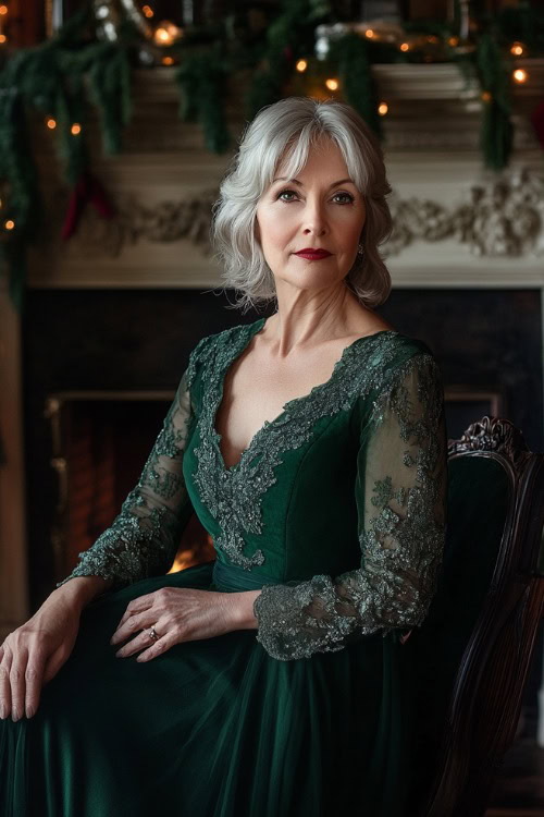 A graceful woman over 50 in a forest green dress with three-quarter lace sleeves, posing by a grand fireplace decorated with garlands