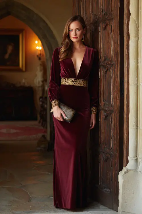 A guest in a rich burgundy velvet gown with gold embroidery along the waist and cuffs, styled with a clutch and drop earrings