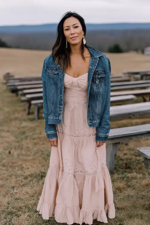 A guest in a soft blush tiered dress with eyelet detailing and a denim jacket draped over her shoulders