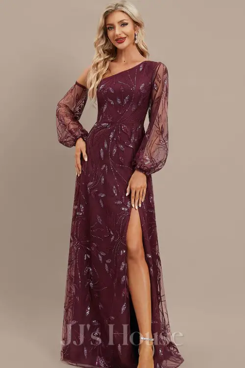 A-line Asymmetrical Floor-Length Sequin Lace Evening Dress