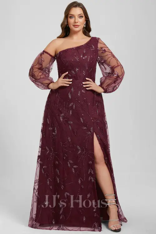 A-line Asymmetrical Floor-Length Sequin Lace Evening Dress