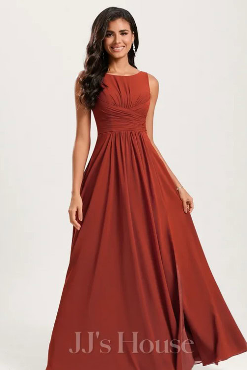 A-line Boat Neck Floor-Length Chiffon Bridesmaid Dress With Ruffle