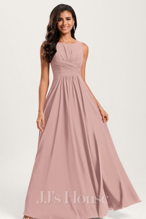 A-line Boat Neck Floor-Length Chiffon Bridesmaid Dress With Ruffle