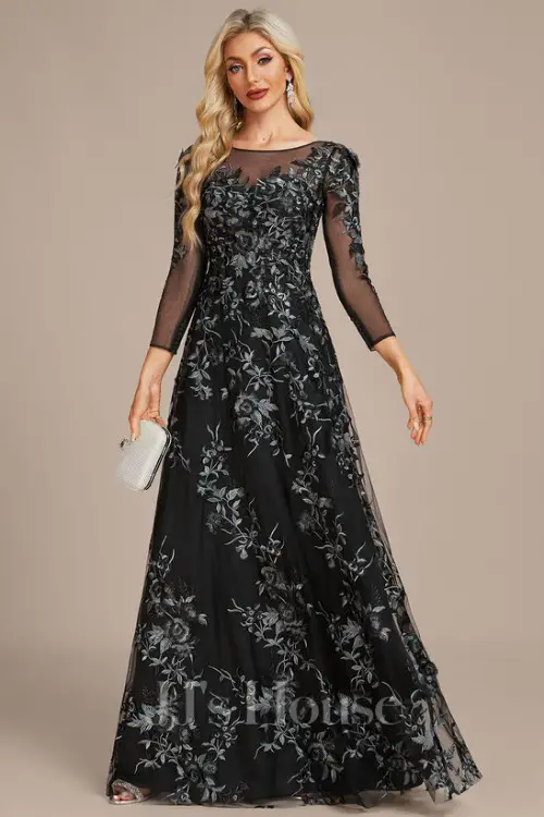 A-line Illusion Boat Neck Floor-Length Floral Lace Evening Dress