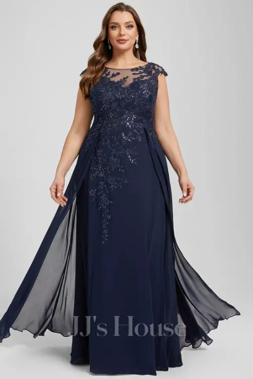 A-line V-Neck Floor-Length Lace Chiffon Evening Dress