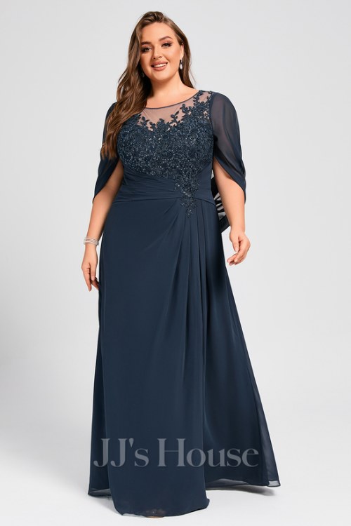 A-line Illusion Scoop Floor-Length Lace Chiffon Mother of the Bride Dress With Sequins Cape Pleated