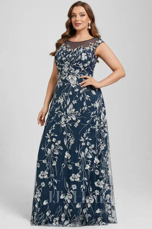 A-line Illusion Scoop Floor-Length Lace Floral Evening Dress