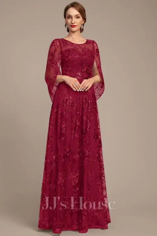 A-line Illusion Scoop Floor-Length Sequin Lace Mother of the Bride Dress With Cape