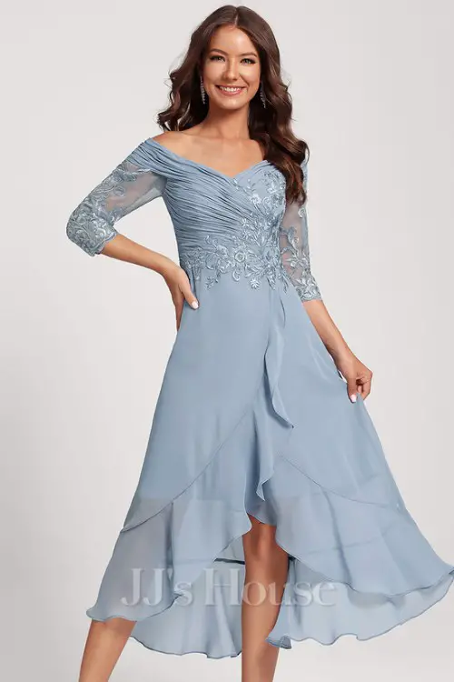 A-line Off the Shoulder Asymmetrical Lace Chiffon Cocktail Dress With Sequins