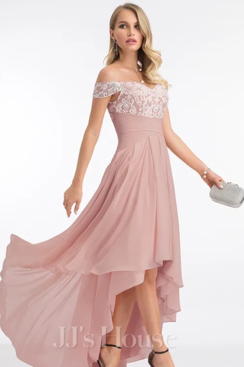 A-line Off the Shoulder Asymmetrical Lace Chiffon Evening Dress With Pleated (1)