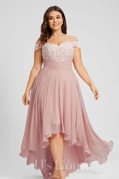 A-line Off the Shoulder Asymmetrical Lace Chiffon Evening Dress With Pleated