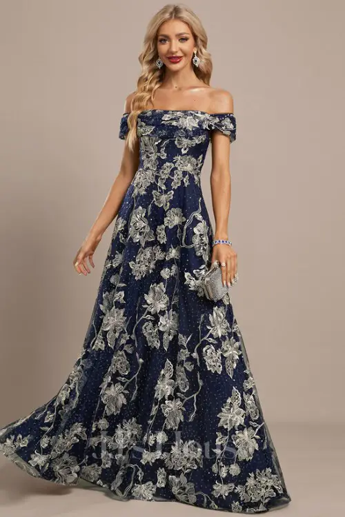 A-line Off the Shoulder Floor-Length Lace Floral Evening Dress With Sequins