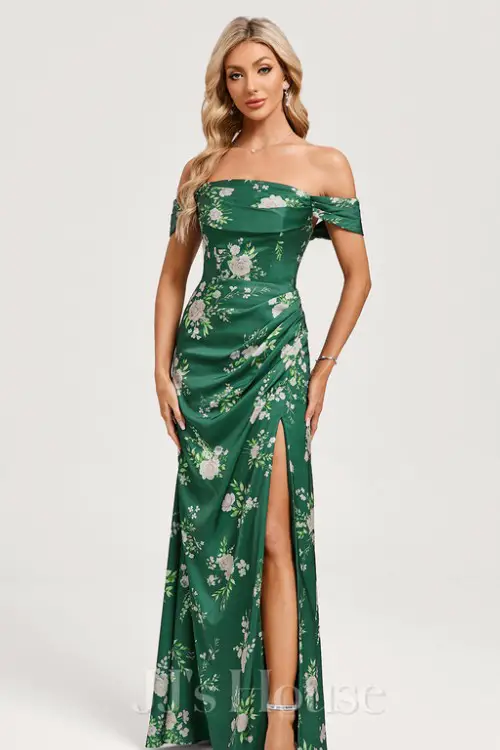 A-line Off the Shoulder Floor-Length Matte Satin Bridesmaid Dress With Ruffle