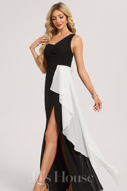 A-line One Shoulder Floor-Length Chiffon Bridesmaid Dress With Ruffle Black and White