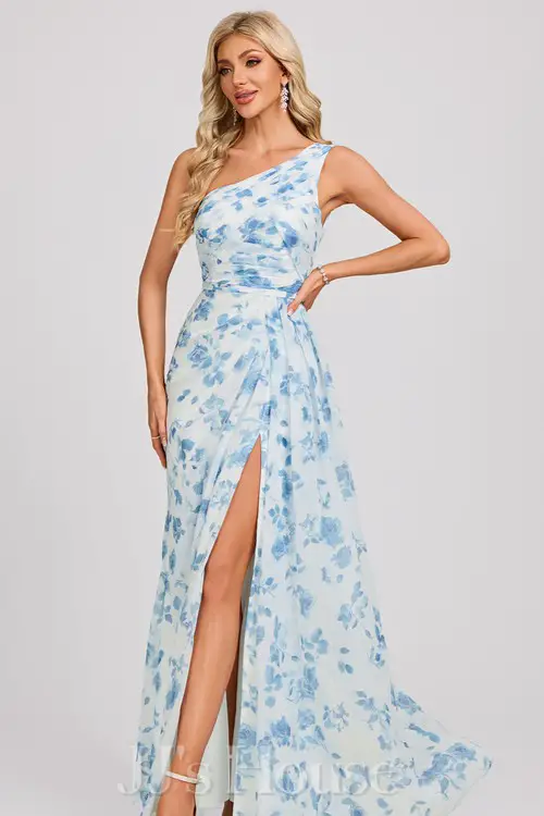 A-line One Shoulder Floor-Length Chiffon Bridesmaid Dress With Ruffle