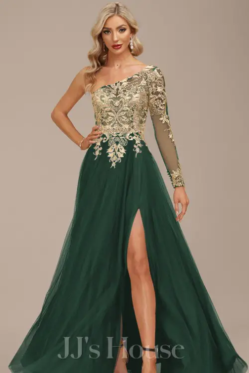 A-line One Shoulder Floor-Length Tulle Lace Evening Dress With Sequins