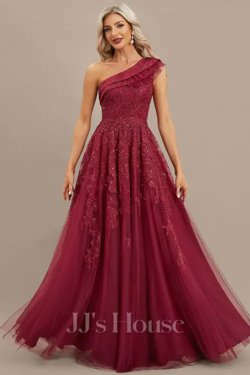 A-line One Shoulder Floor-Length Tulle Lace Sequin Evening Dress