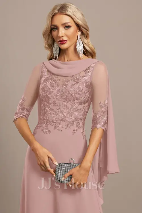 A-line Scoop Floor-Length Lace Chiffon Mother of the Bride Dress With Sequins Pleated