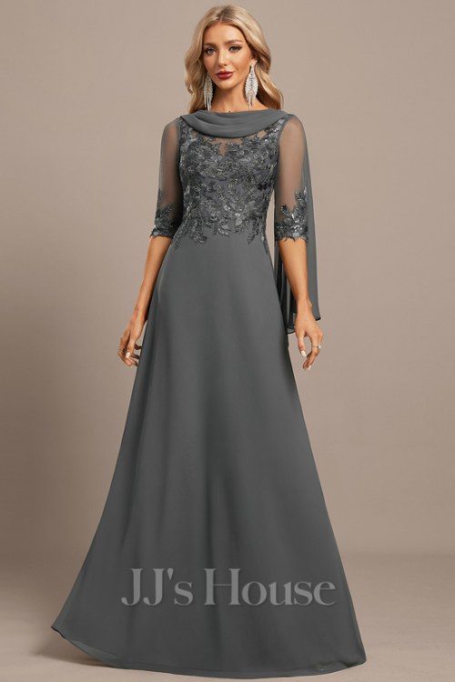 A-line Scoop Floor-Length Lace Chiffon Mother of the Bride Dress With Sequins Pleated