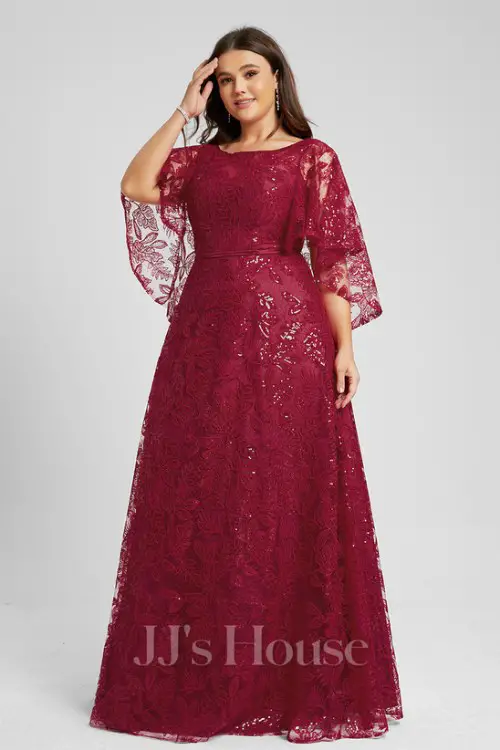 A-line Scoop Floor-Length Sequin Lace Evening Dress With Cape