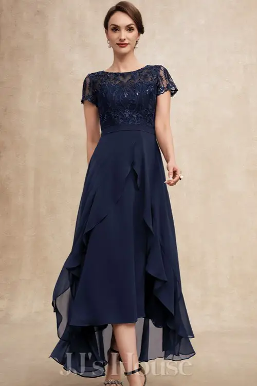 A-line Scoop Illusion Asymmetrical Chiffon Lace Mother of the Bride Dress With Ruffle Sequins Bow