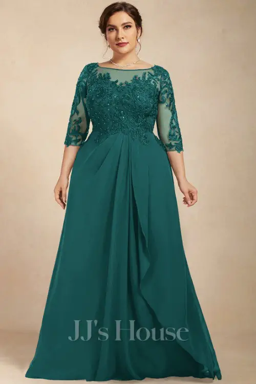 A-line Scoop Illusion Floor-Length Chiffon Lace Mother of the Bride Dress With Beading Sequins Cascading Ruffles