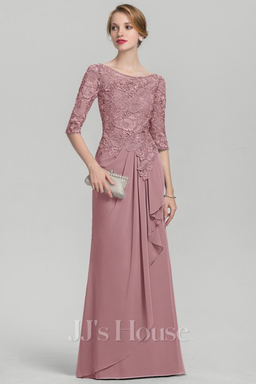 A-line Scoop Illusion Floor-Length Lace Chiffon Mother of the Bride Dress With Cascading Ruffles