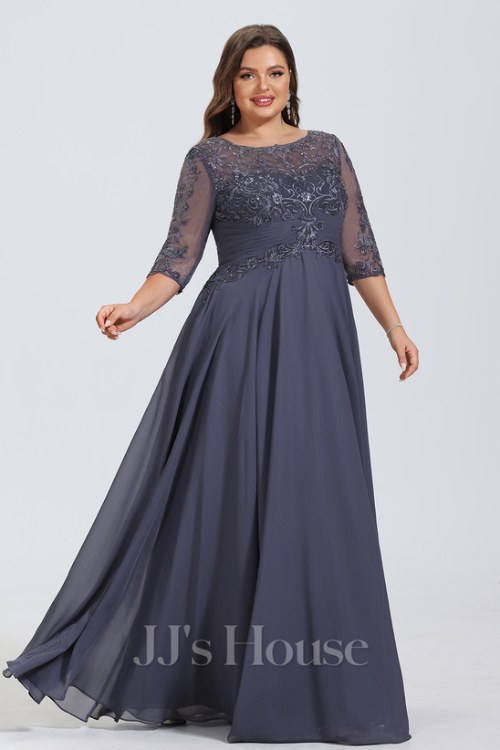 A-line Scoop Illusion Floor-Length Lace Chiffon Mother of the Bride Dress With Pleated Sequins