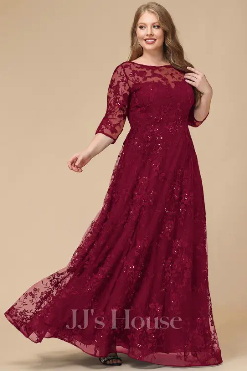 A-line Scoop Illusion Floor-Length Lace Mother of the Bride Dress With Sequins