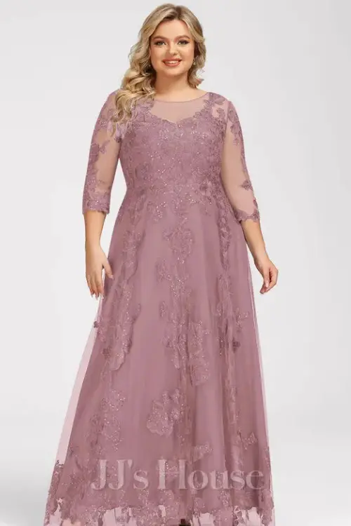 A-line Scoop Illusion Floor-Length Tulle Lace Mother of the Bride Dress With Sequins