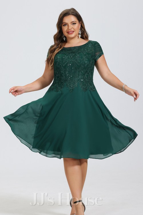 A-line Scoop Knee-Length Lace Chiffon Cocktail Dress With Sequins