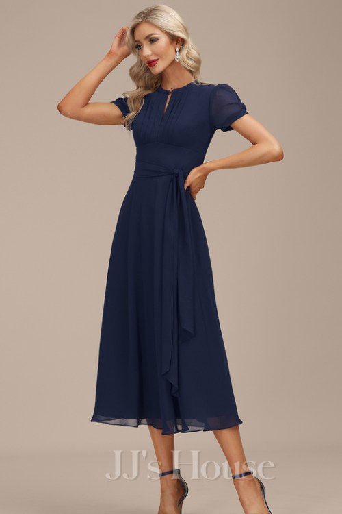 A-line Scoop Tea-Length Chiffon Cocktail Dress With Pleated