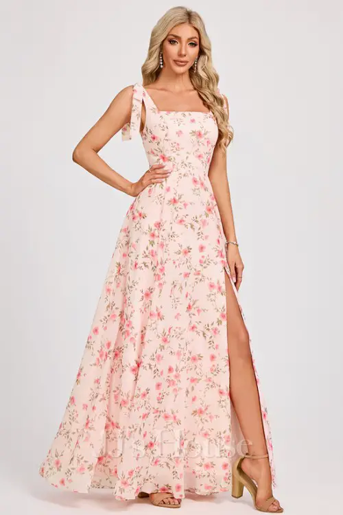 A-line Square Floor-Length Chiffon Bridesmaid Dress With Bow