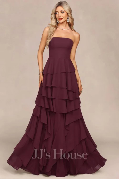 A-line Straight Floor-Length Chiffon Evening Dress With Cascading Ruffles