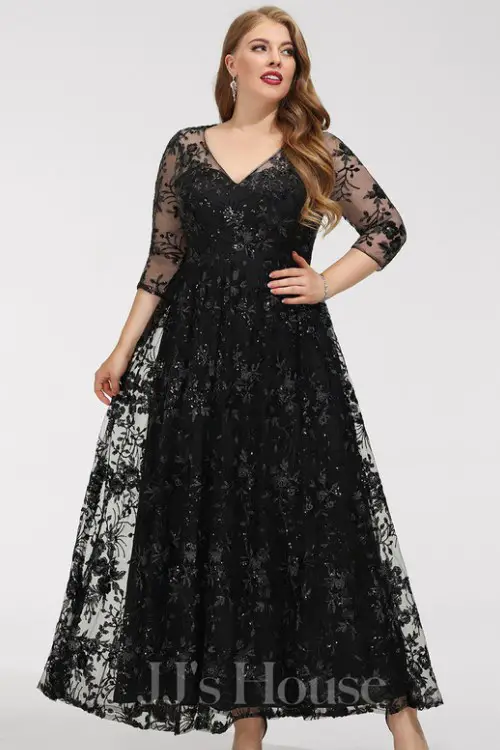 A-line V-Neck Ankle-Length Lace Sequin Cocktail Dress