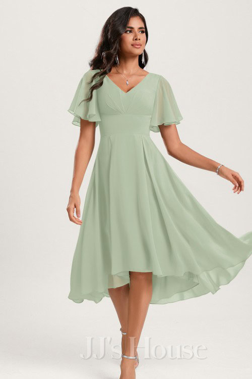 A-line V-Neck Asymmetrical Chiffon Bridesmaid Dress With Ruffle