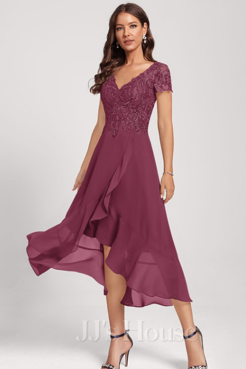 A-line V-Neck Asymmetrical Lace Chiffon Cocktail Dress