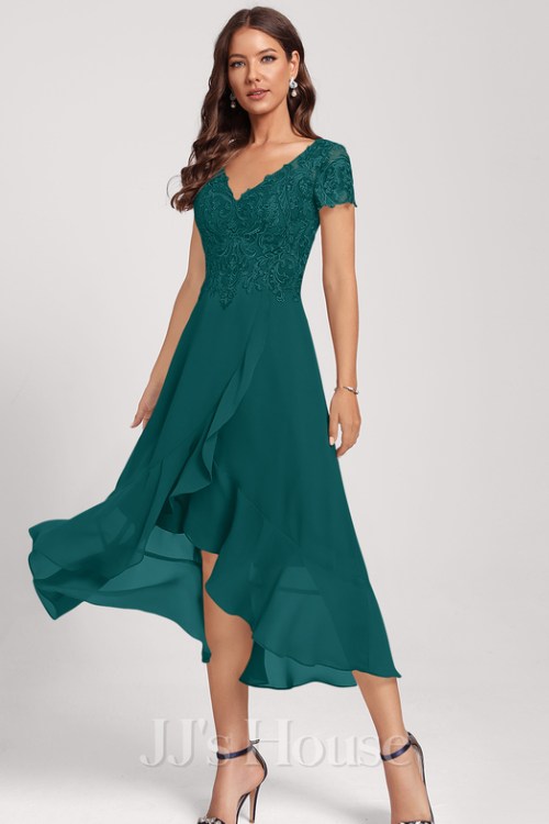 A-line V-Neck Asymmetrical Lace Chiffon Cocktail Dress