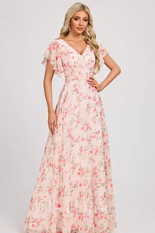 A-line V-Neck Floor-Length Chiffon Bridesmaid Dress With Ruffle