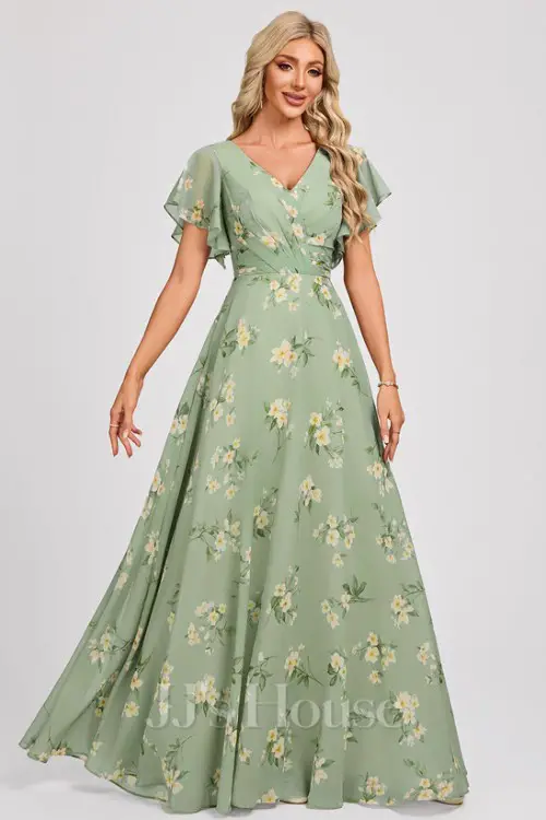 A-line V-Neck Floor-Length Chiffon Bridesmaid Dress With Ruffle